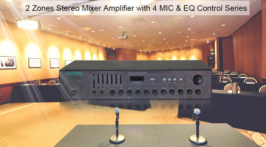 2 Zones Stereo Mixer Amplifier with 4 MIC & EQ Control Series